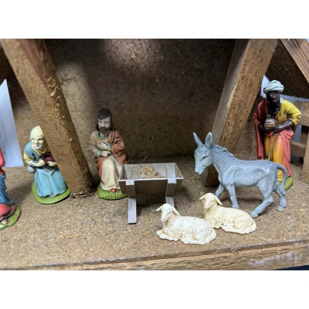 Vintage Christmas Nativity Scene Set 10 Resin Figures Wood Manger Germany‎